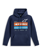 Alpinestars Harken Hoodie, Navy Blue pullover fleece, front chest graphic with orange and light blue stripes, white Alpinestars logo and 'Racing Ahead' text, kangaroo pocket, long sleeves with wordmark logos, casual motorsport-inspired design