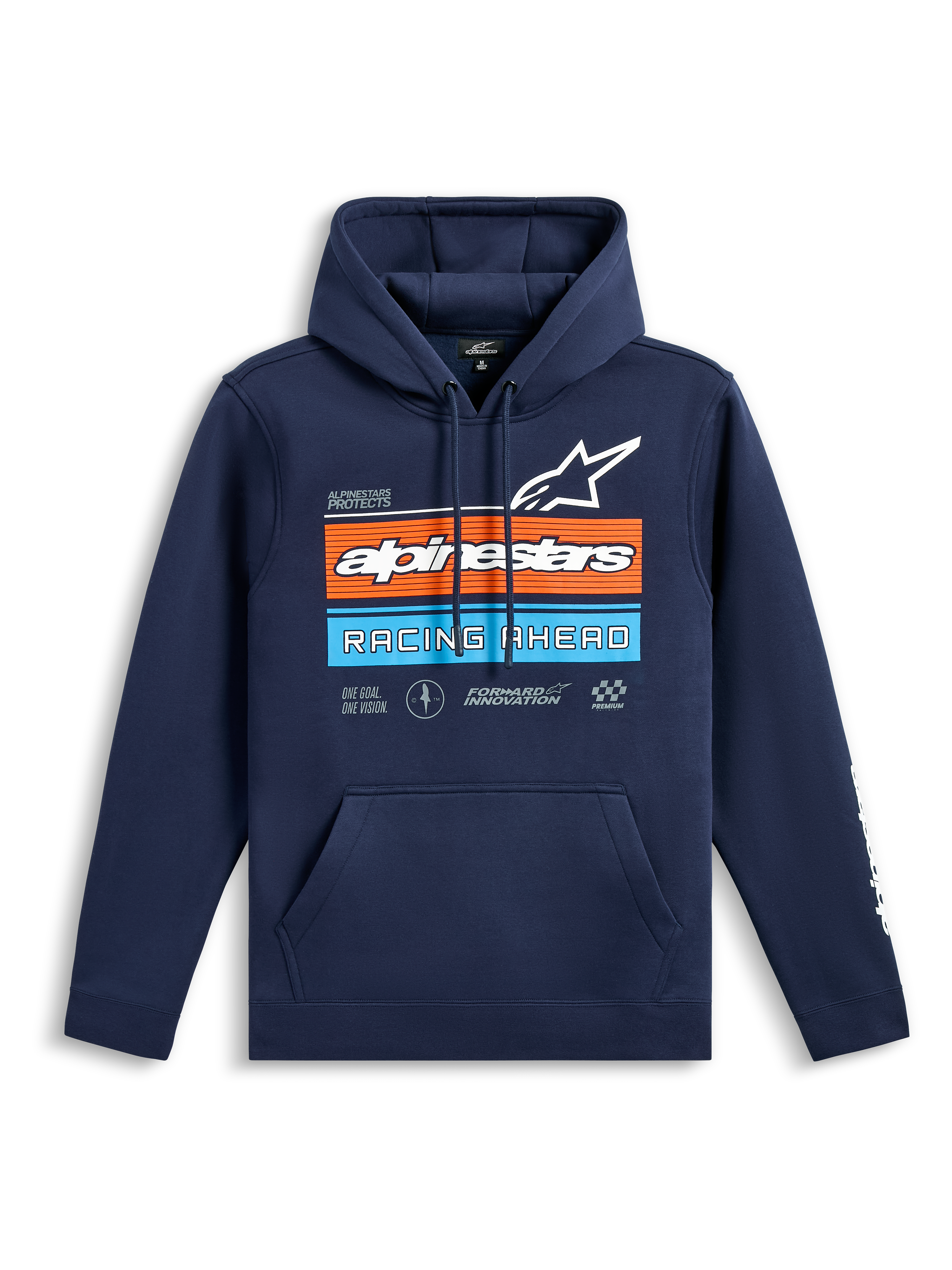 Alpinestars Harken Hoodie, Navy Blue pullover fleece, front chest graphic with orange and light blue stripes, white Alpinestars logo and 'Racing Ahead' text, kangaroo pocket, long sleeves with wordmark logos, casual motorsport-inspired design