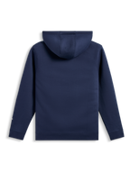 Alpinestars Harken Hoodie, back view, navy blue, pullover fleece with long sleeves and ribbed cuffs, self-lined hood, casual motorsport-inspired streetwear
