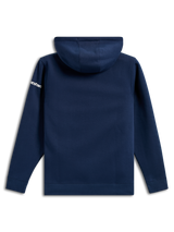Alpinestars Frontal Hoodie, casual navy blue fleece pullover, rear view, white Alpinestars word logo on sleeve, ribbed cuffs and hem, motorsport-inspired streetwear