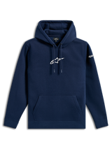 Alpinestars Frontal Hoodie, casual streetwear, navy blue with white Astars logo on chest and wordmark on sleeve, drawstring hood, kangaroo pocket, modern motorsport-inspired design