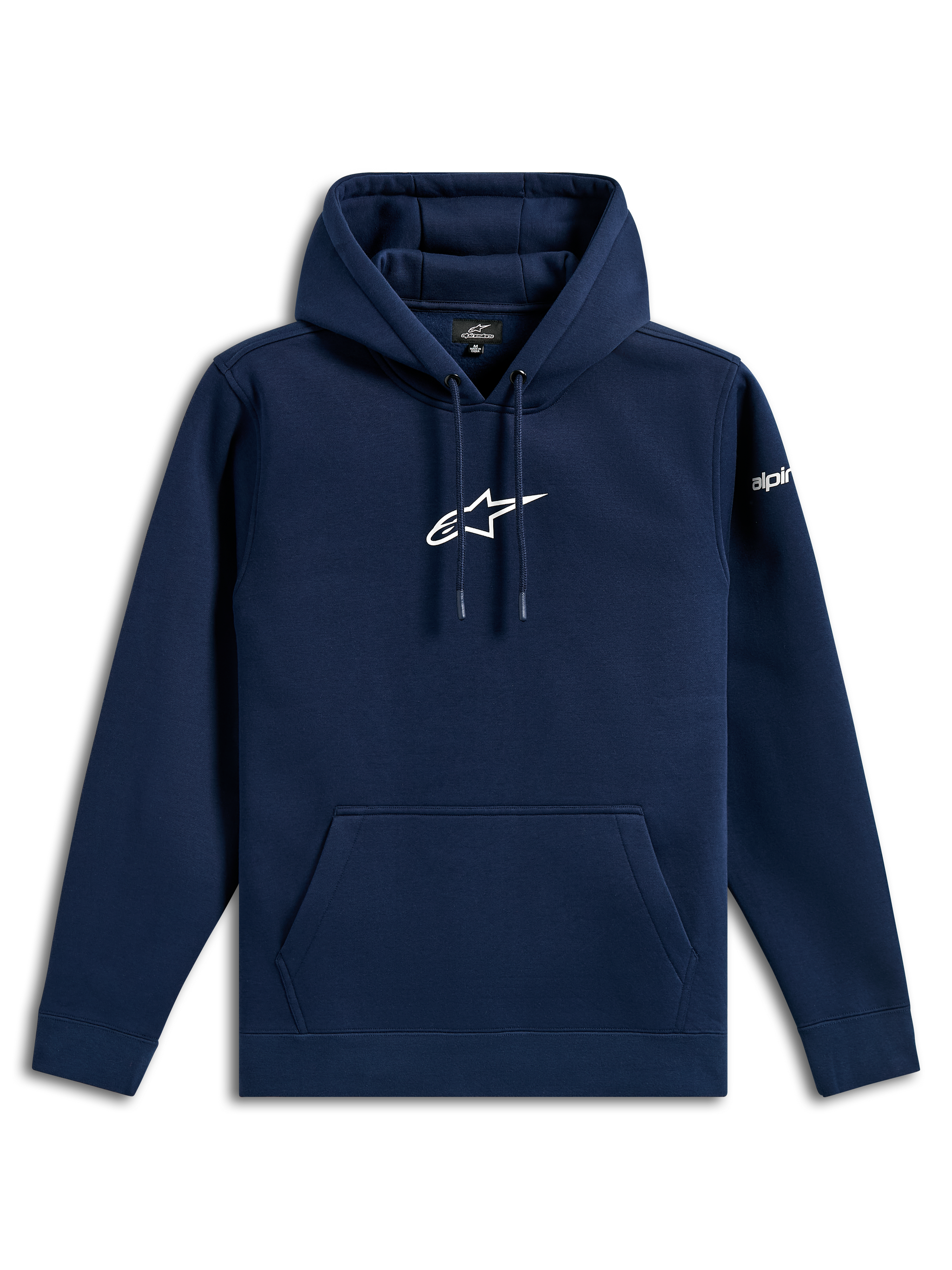 Alpinestars Frontal Hoodie, casual streetwear, navy blue with white Astars logo on chest and wordmark on sleeve, drawstring hood, kangaroo pocket, modern motorsport-inspired design