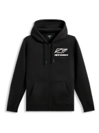 Alpinestars Formulation Hoodie, Zip-Front Poly Fleece Hoodie, Black, featuring white Alpinestars logo and wordmark on the chest, mesh-lined drawstring hood, ribbed cuffs and hem, casual motorsport streetwear