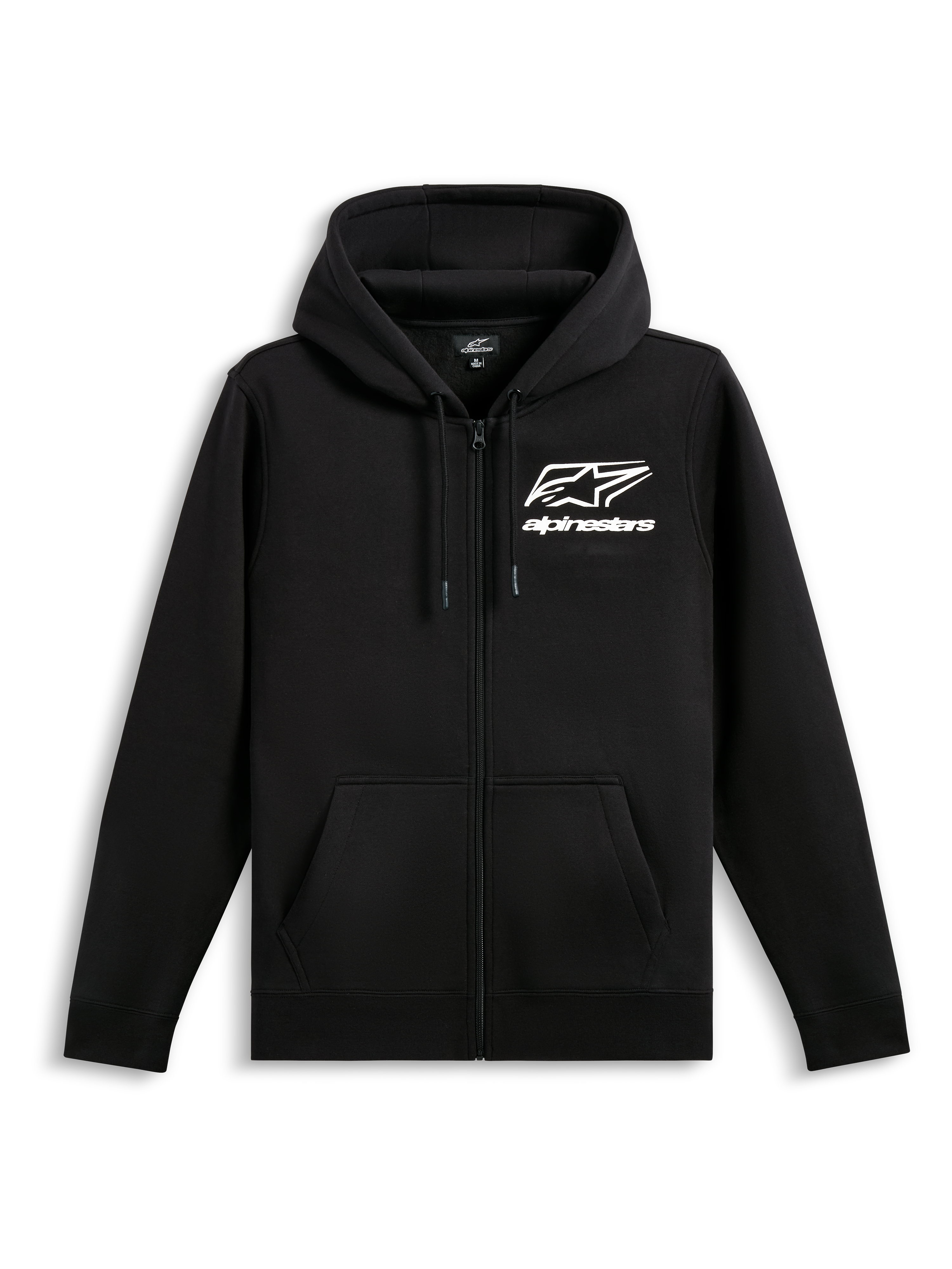 Alpinestars Formulation Hoodie, Zip-Front Poly Fleece Hoodie, Black, featuring white Alpinestars logo and wordmark on the chest, mesh-lined drawstring hood, ribbed cuffs and hem, casual motorsport streetwear