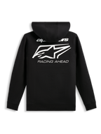 Alpinestars Formulation Hoodie, back view, Black, large white graphic with Alpinestars logo and 'RACING AHEAD' wordmark, casual sportswear, poly fleece with ribbed hem and cuffs
