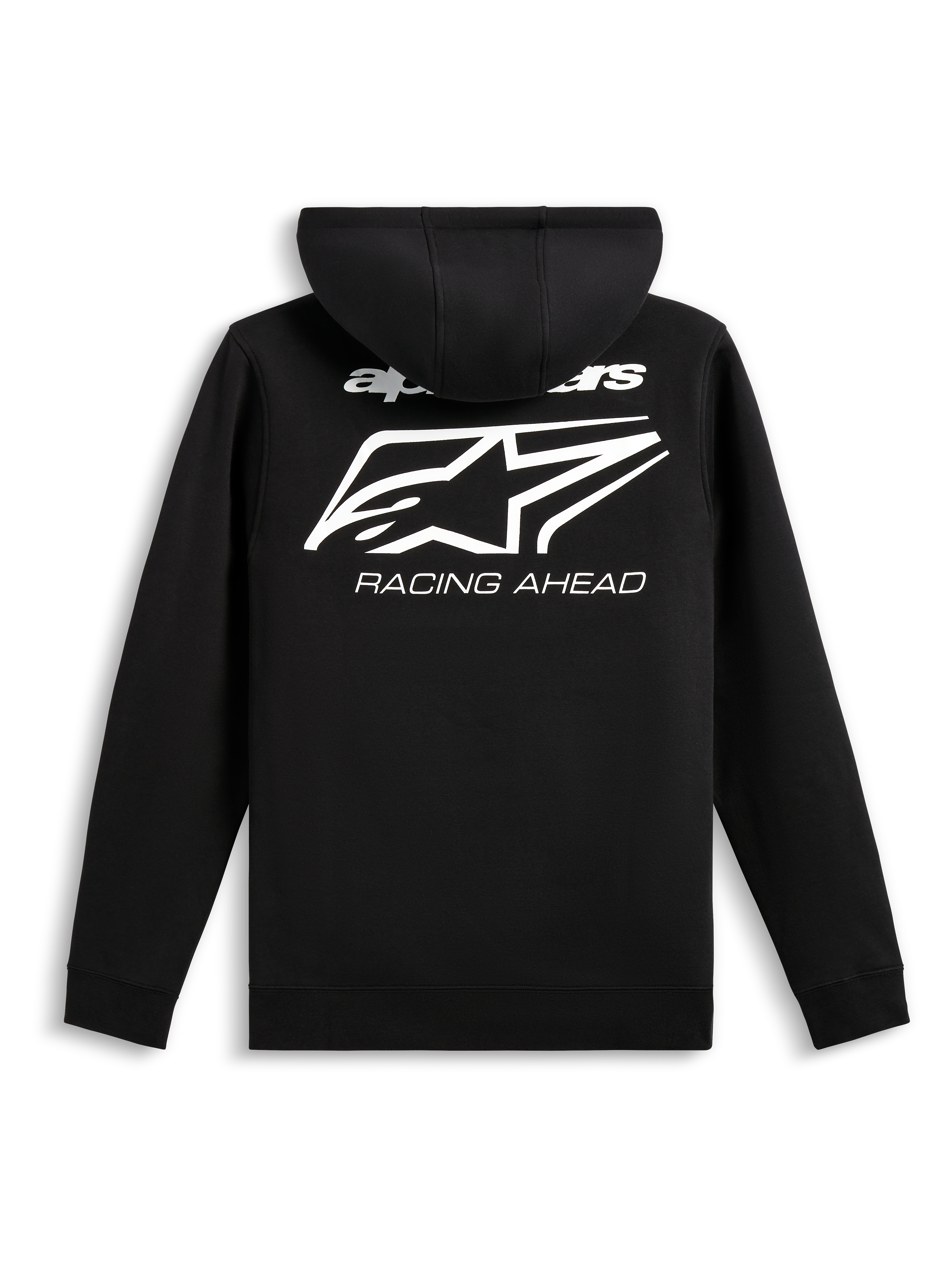 Alpinestars Formulation Hoodie, back view, Black, large white graphic with Alpinestars logo and 'RACING AHEAD' wordmark, casual sportswear, poly fleece with ribbed hem and cuffs
