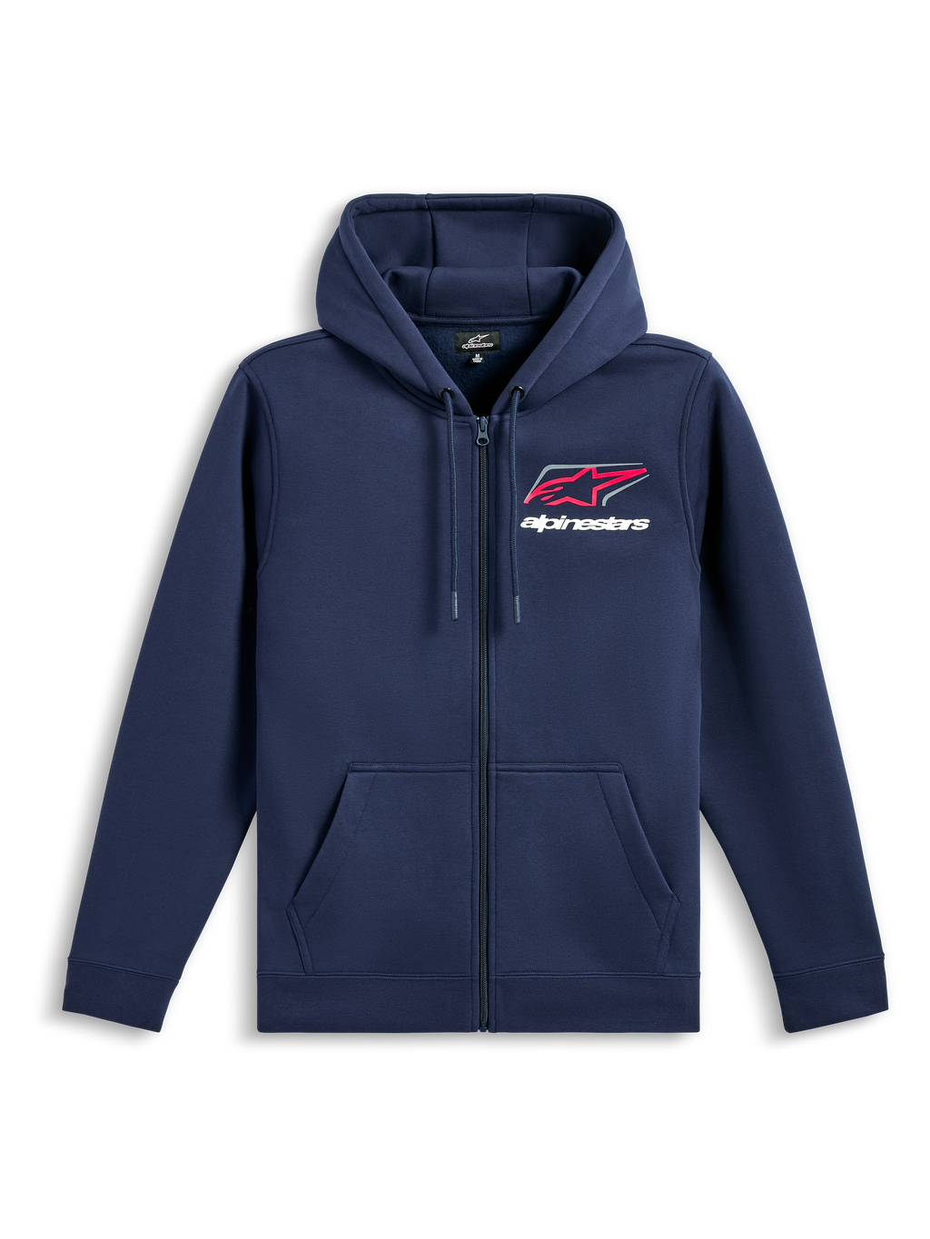 Alpinestars Formulation Hoodie, casual sportswear, navy blue with red and white chest logo, full-zip front, drawstring hood, long sleeves, ribbed cuffs and hem