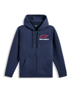 Alpinestars Formulation Hoodie, casual sportswear, navy blue with red and white chest logo, full-zip front, drawstring hood, long sleeves, ribbed cuffs and hem