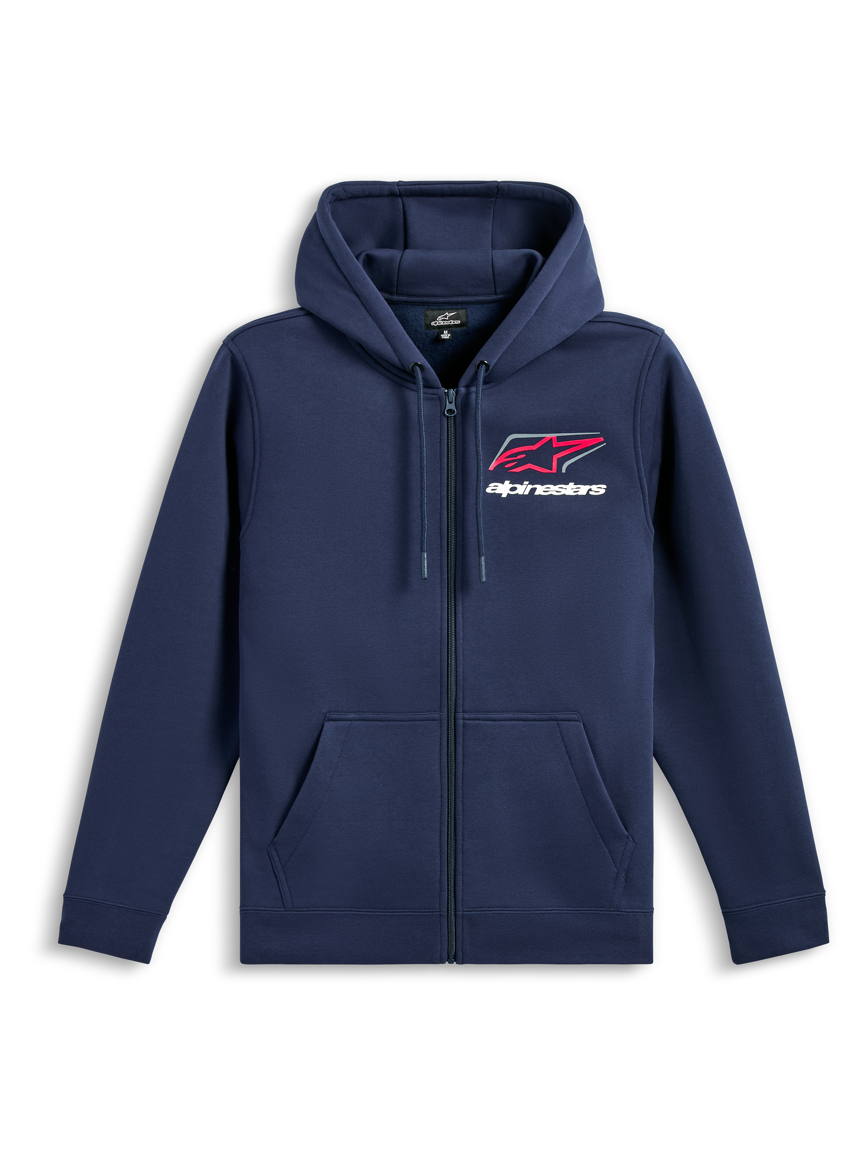 Alpinestars Formulation Hoodie, casual sportswear, navy blue with red and white chest logo, full-zip front, drawstring hood, long sleeves, ribbed cuffs and hem