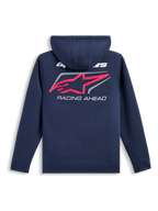 Alpinestars Formulation Hoodie, back view, Navy Blue, large pink Alpinestars star logo with grey border and white 'RACING AHEAD' text, casual motorsport-inspired streetwear
