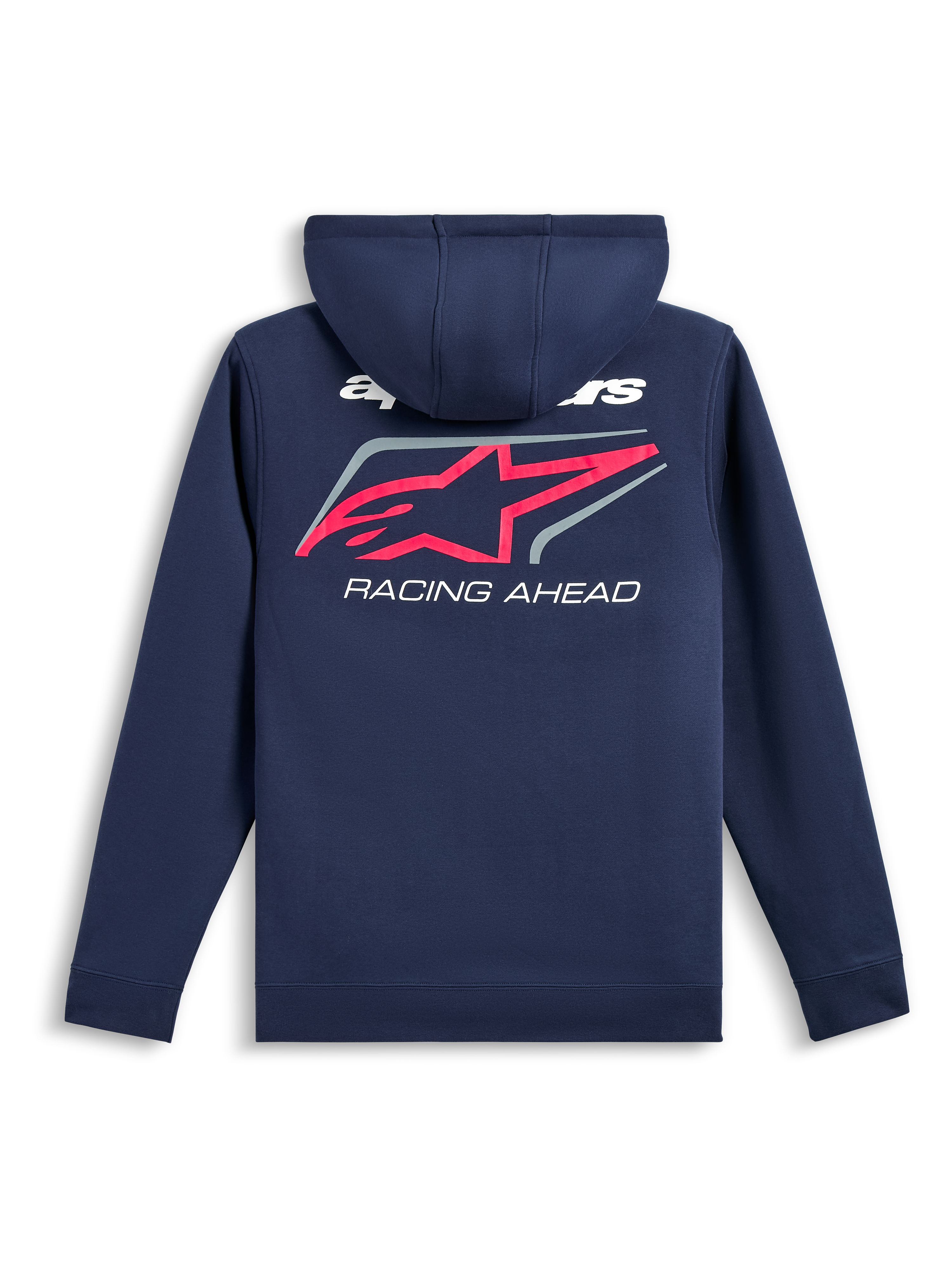 Alpinestars Formulation Hoodie, back view, Navy Blue, large pink Alpinestars star logo with grey border and white 'RACING AHEAD' text, casual motorsport-inspired streetwear