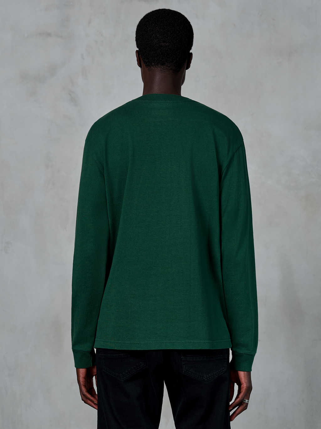 Alpinestars Essentials Ageless LS Tee, Long Sleeve T-Shirt, Pine Green, back view of model wearing relaxed fit organic cotton jersey tee, casual motorsport-inspired streetwear