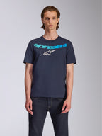 Alpinestars Collared CSF Tee, Short Sleeve T-Shirt, Navy Blue, Teal and light blue Alpinestars text graphic with white star logo, worn with dark denim, casual performance sportswear