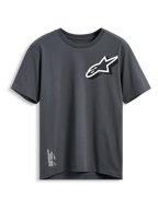 Alpinestars Shaded CSF Tee, Short Sleeve T-Shirt, Charcoal Gray, Slanted white and black Astars logo on chest, Alpinestars One Goal One Vision text on bottom hem, Casual Motorsport Streetwear