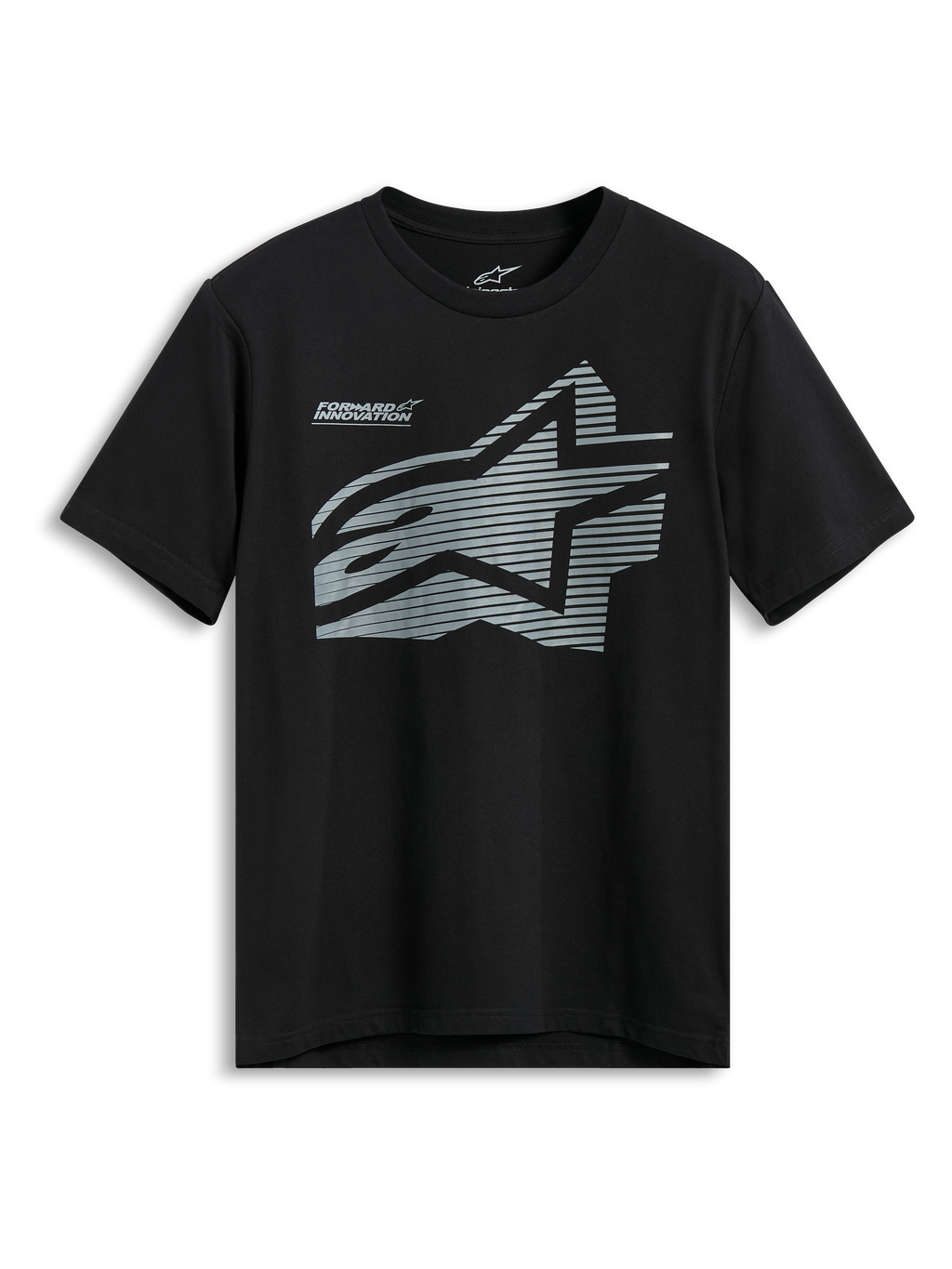 Alpinestars Fasting CSF Tee, Short Sleeve T-Shirt, Black, large grey geometric Astars logo with horizontal line pattern and Forward Innovation text, Casual Motorsport Sportswear