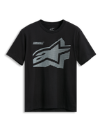 Alpinestars Fasting CSF Tee, Short Sleeve T-Shirt, Black, large grey geometric Astars logo with horizontal line pattern and Forward Innovation text, Casual Motorsport Sportswear