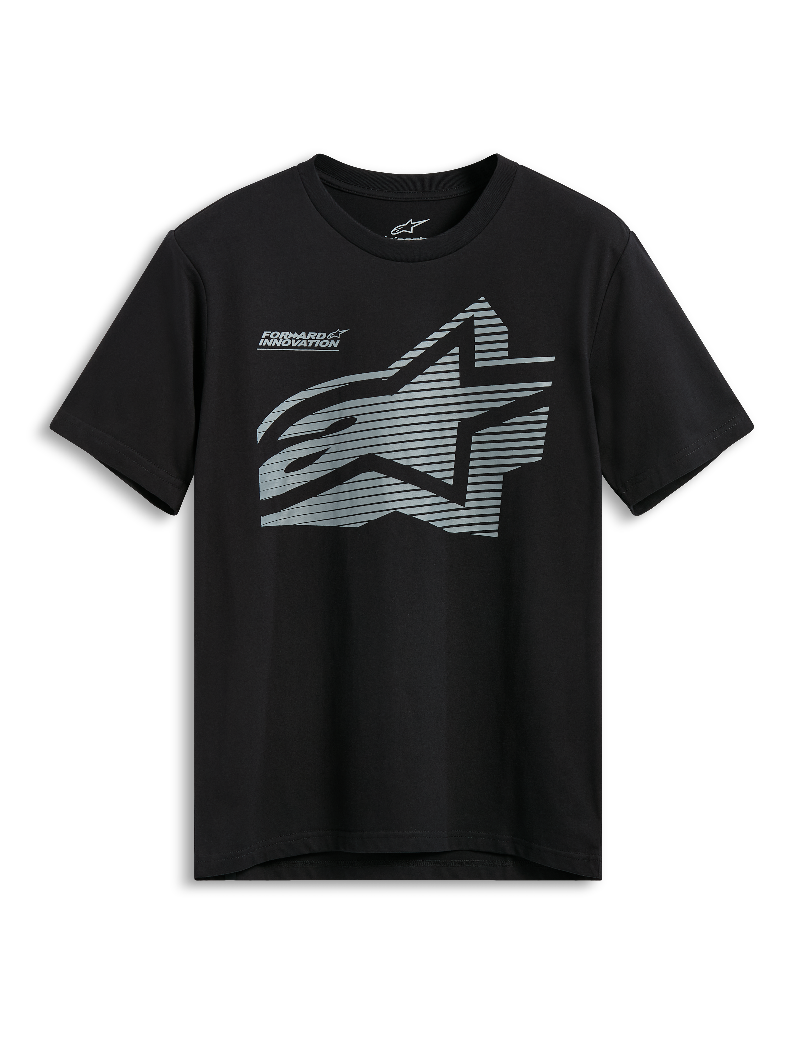 Alpinestars Fasting CSF Tee, Short Sleeve T-Shirt, Black, large grey geometric Astars logo with horizontal line pattern and Forward Innovation text, Casual Motorsport Sportswear