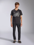 Alpinestars Fasting CSF Tee, Short Sleeve T-Shirt, Black, Large Gray Geometric Astars Logo, worn by model with black pants and sneakers, casual motorsport streetwear