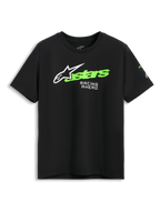 Alpinestars Entitled CSF Tee, Short Sleeve T-Shirt, Black, White Astars Logo with Green Text and Racing Ahead Print, Casual Motorsport Sportswear