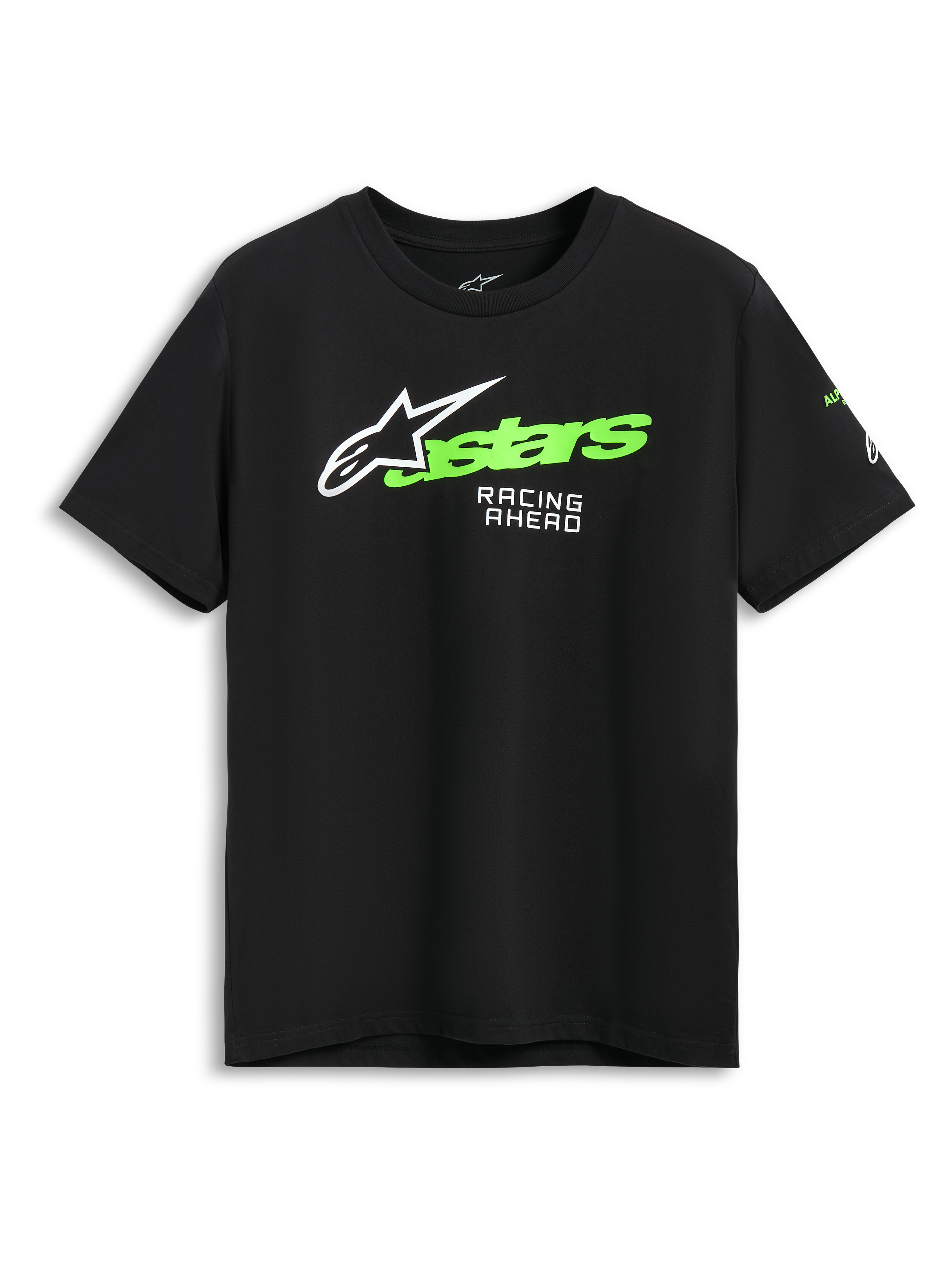 Alpinestars Entitled CSF Tee, Short Sleeve T-Shirt, Black, White Astars Logo with Green Text and Racing Ahead Print, Casual Motorsport Sportswear