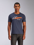 Alpinestars Entitled CSF Tee, Short Sleeve T-Shirt, Dark Blue, Orange and White Racing Ahead Logo, Casual Motorsport Apparel