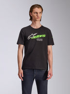 Alpinestars Entitled CSF Tee, Short Sleeve T-Shirt, Black, featuring a white and lime green Alpinestars logo with 'Racing Ahead' text, casual motorsport-inspired design
