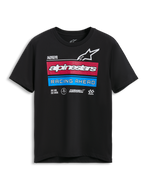 Alpinestars Harken CSF Tee, Short Sleeve T-Shirt, Black, featuring race-spec multi-logos with red and blue striped accents and "Racing Ahead" text, Casual Motorsport Sportswear