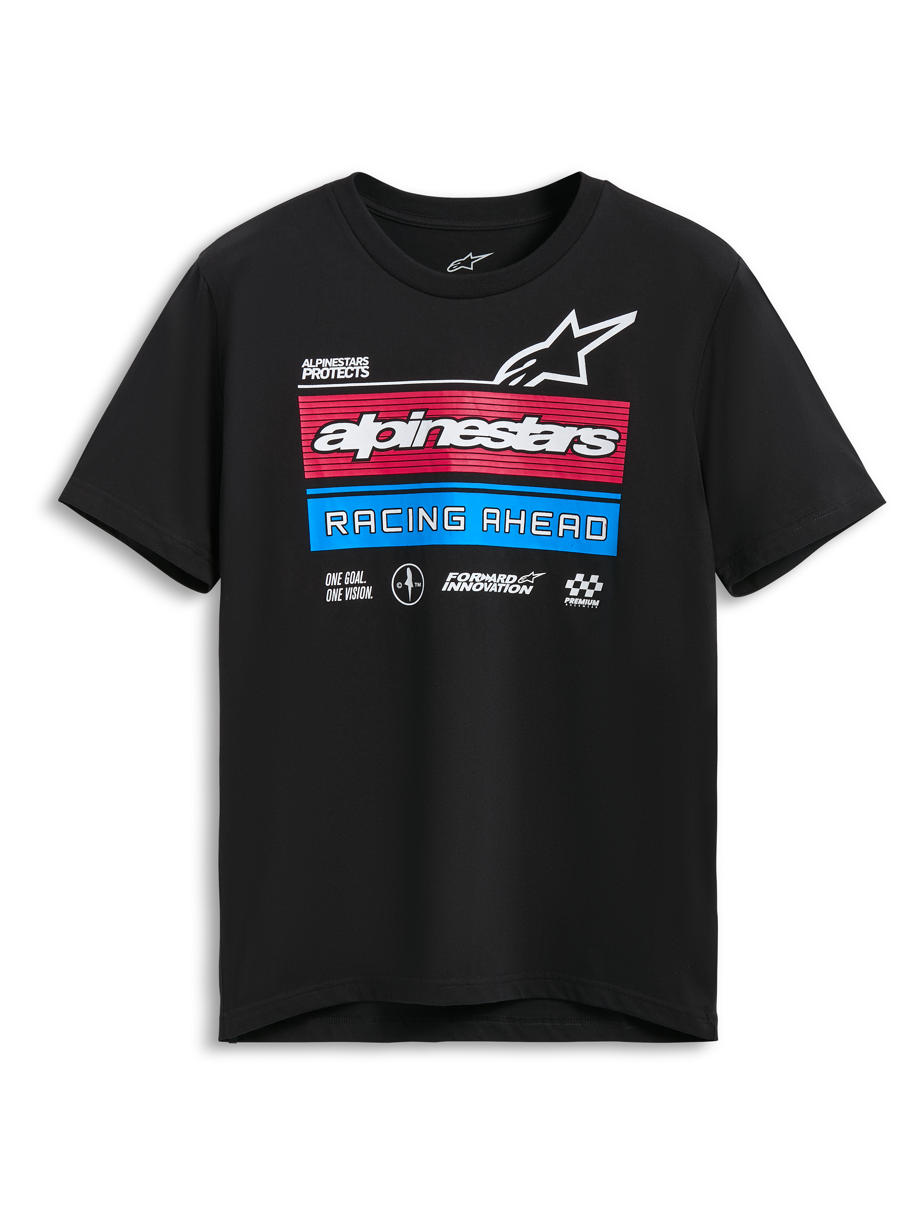 Alpinestars Harken CSF Tee, Short Sleeve T-Shirt, Black, featuring race-spec multi-logos with red and blue striped accents and "Racing Ahead" text, Casual Motorsport Sportswear