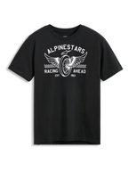 Alpinestars Heritage Patch CSF Tee, Short Sleeve T-Shirt, Black, White Winged Wheel Graphic with Alpinestars Racing Ahead Text and Checkered Detail, Casual Motorsport Sportswear