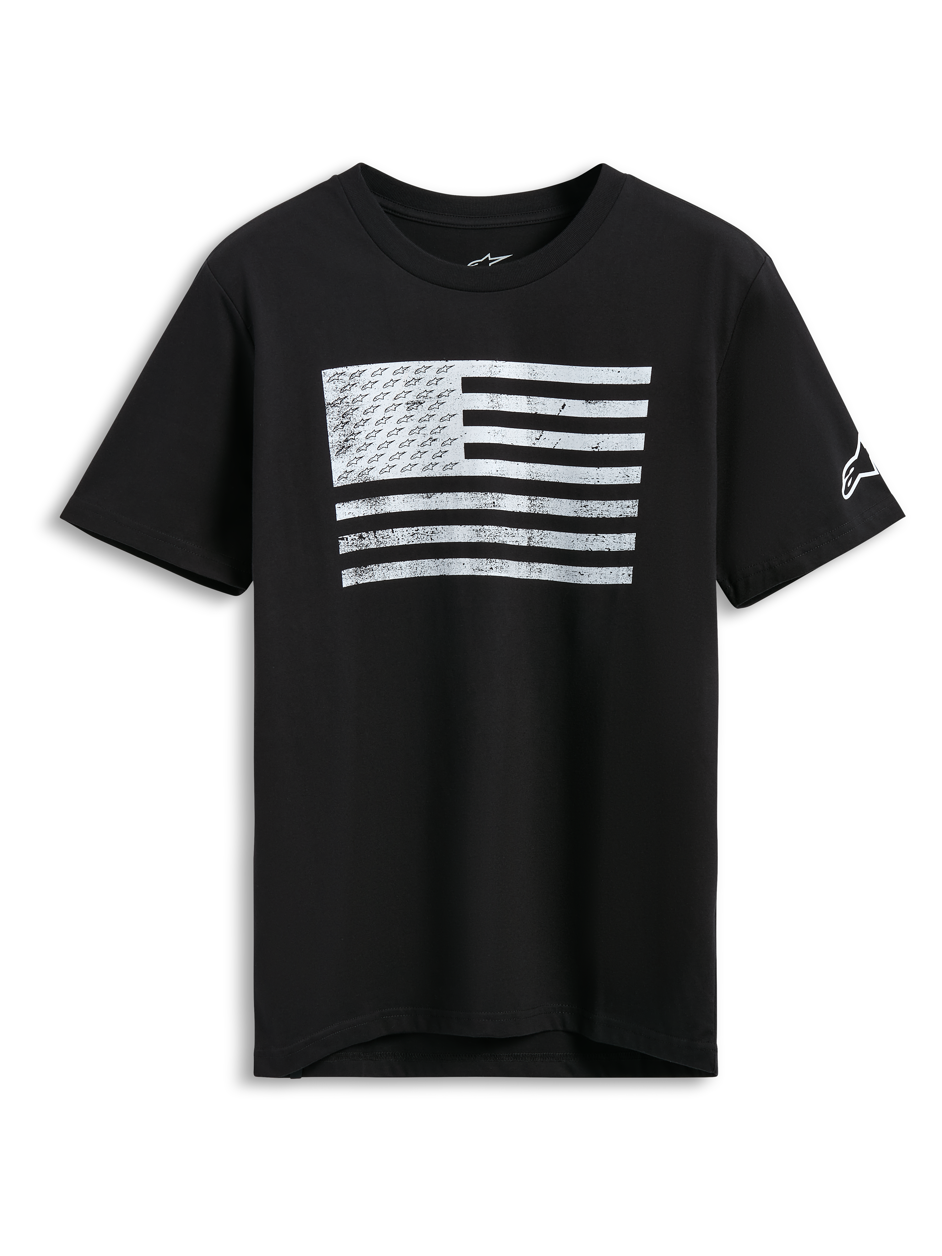 Alpinestars Waving CSF Tee, Short Sleeve T-Shirt, Black, White distressed waving flag graphic featuring A-star logos, casual motorsport streetwear