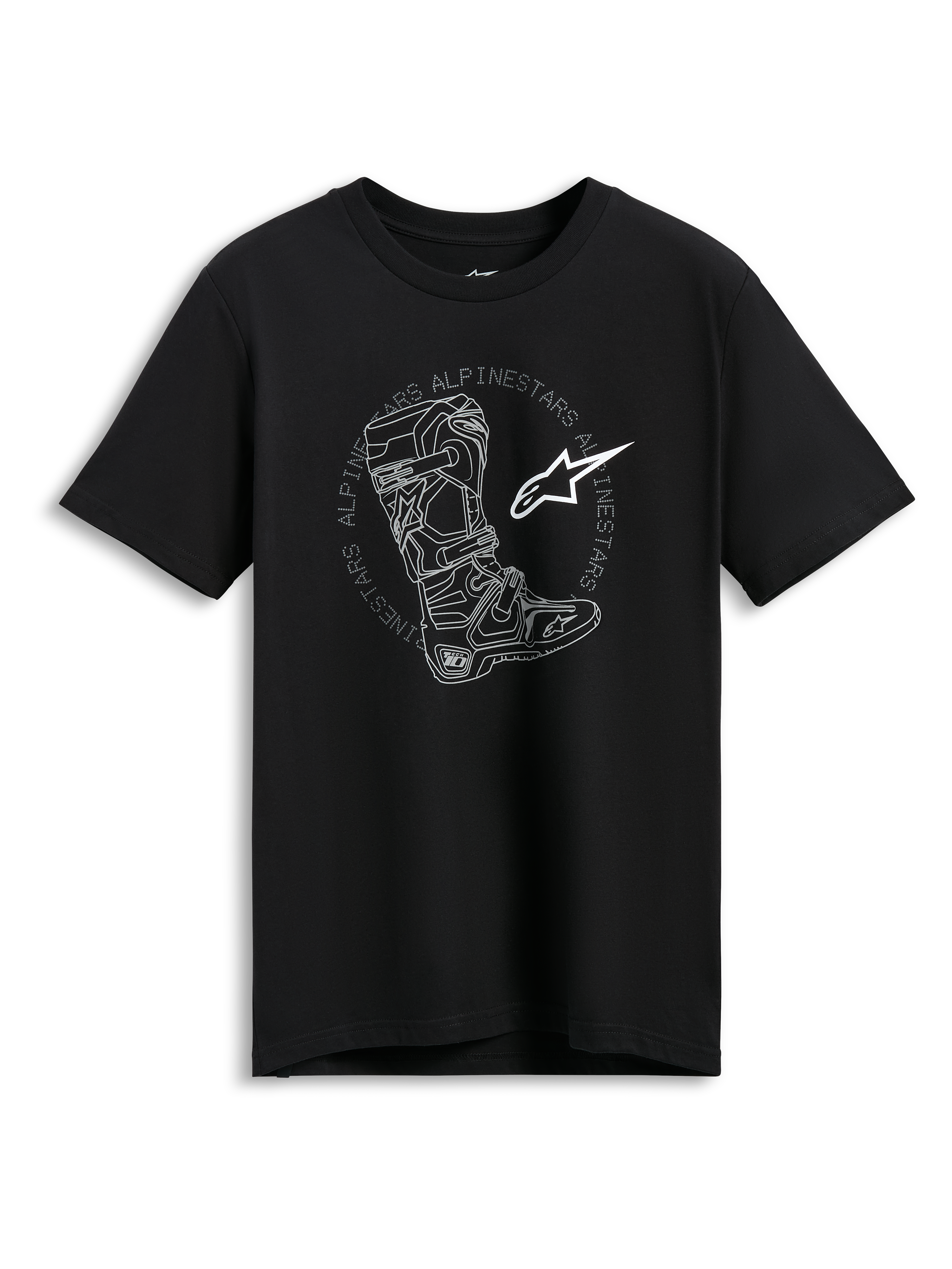 Alpinestars Tech Boot CSF T-Shirt, black short sleeve sportswear tee with a white motocross boot and star logo graphic.