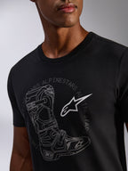 Alpinestars Tech Boot CSF T-Shirt, Black Unisex Sportswear Tee, featuring a Tech 10 motocross boot and white star logo.