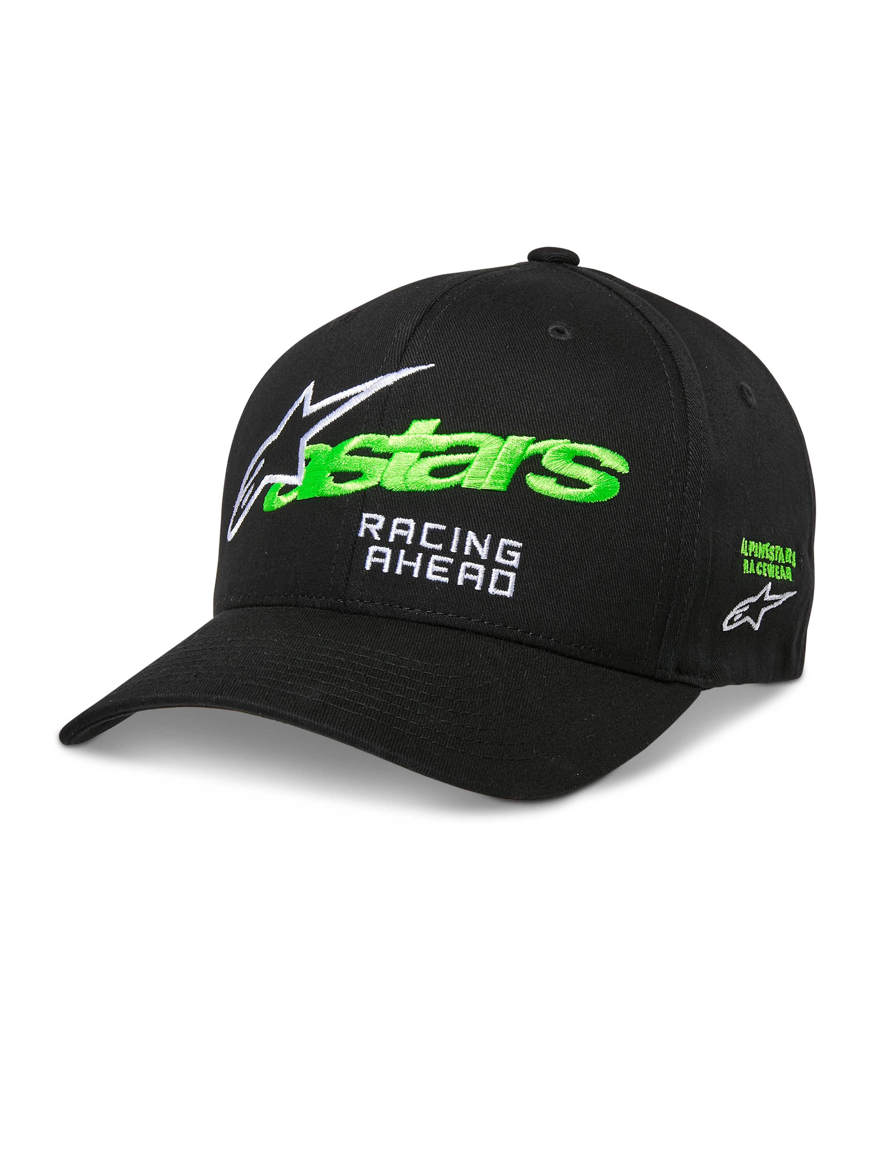 Alpinestars Entitled Hat, Black Baseball Cap with Green and White Embroidery, Curved Brim, Racing Ahead Logo, Unisex Motorsports Headwear