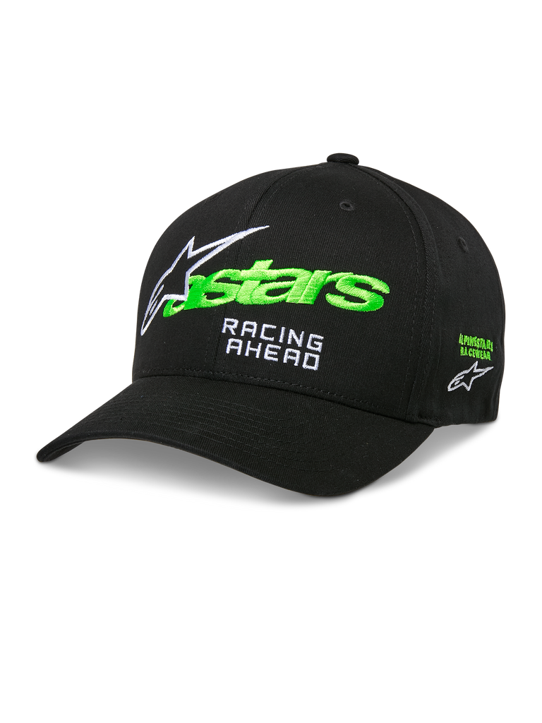 Alpinestars Entitled Hat, Black Baseball Cap with Green and White Embroidery, Curved Brim, Racing Ahead Logo, Unisex Motorsports Headwear