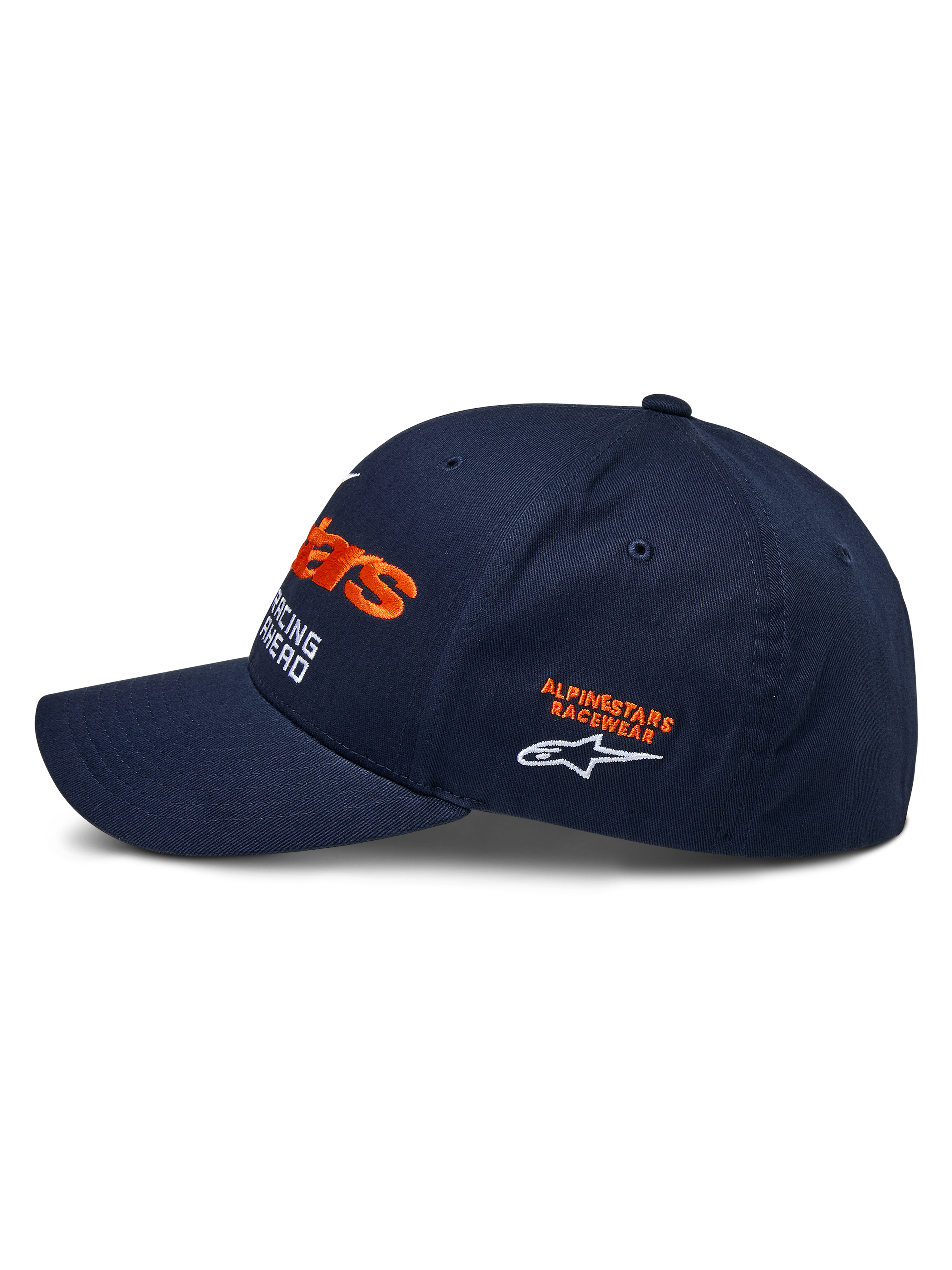 Alpinestars Entitled Hat, Side Profile, Navy Blue with Orange and White Embroidery, featuring 'Alpinestars Racewear' text and logo, curved bill, structured crown, casual motorsport headwear