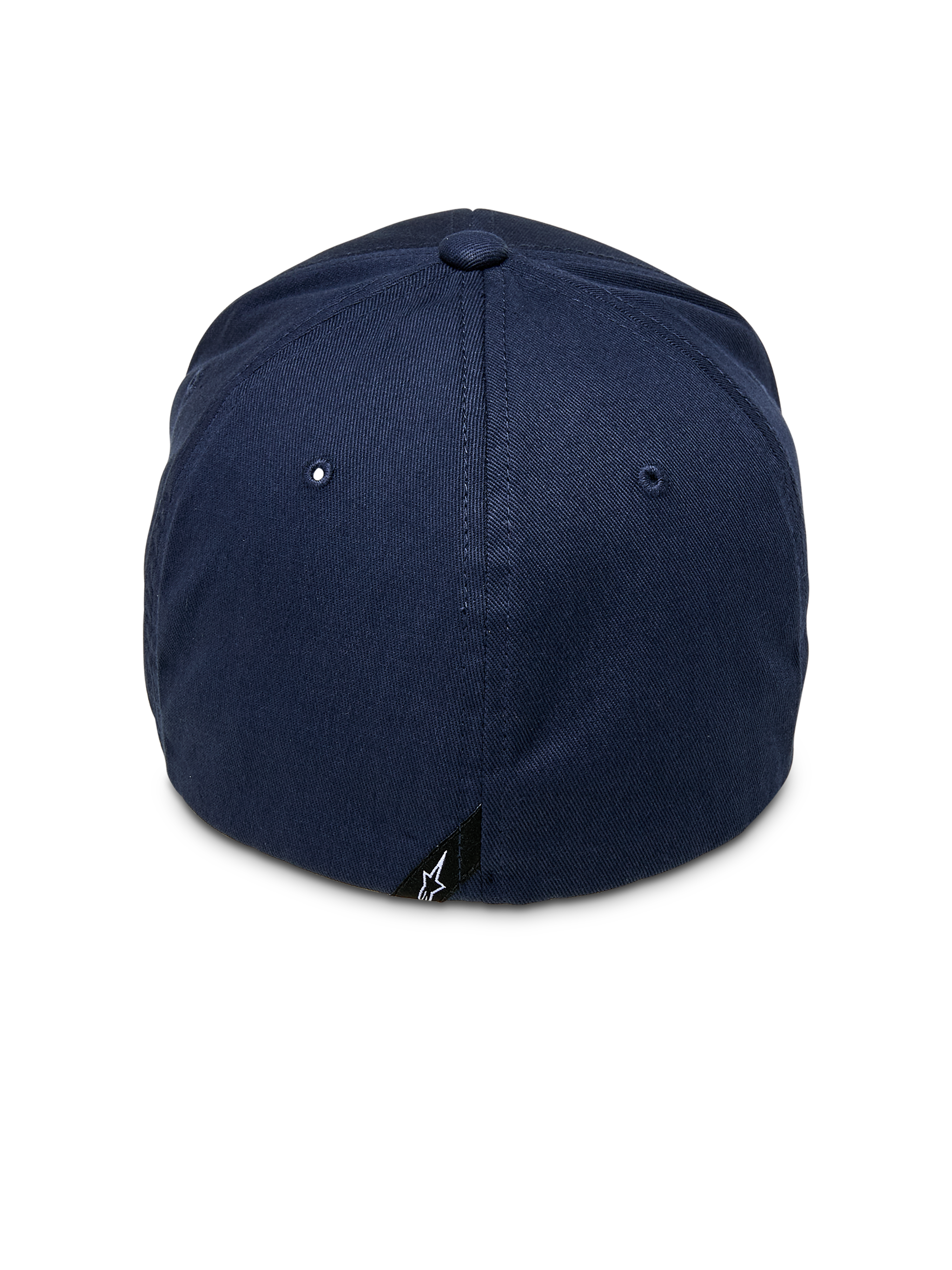 Alpinestars Entitled Hat, Flex-Back Baseball Cap, Navy Blue, Rear view featuring a small black logo tag, structured crown in stretch twill fabric, casual motorsport-inspired headwear