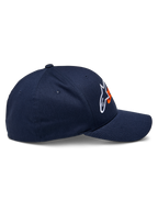 Alpinestars Entitled Hat, Casual Sportswear Hat, Navy Blue and Orange, Side profile view, Curved bill with structured crown, White and Orange Alpinestars logo, Stretch twill fabric