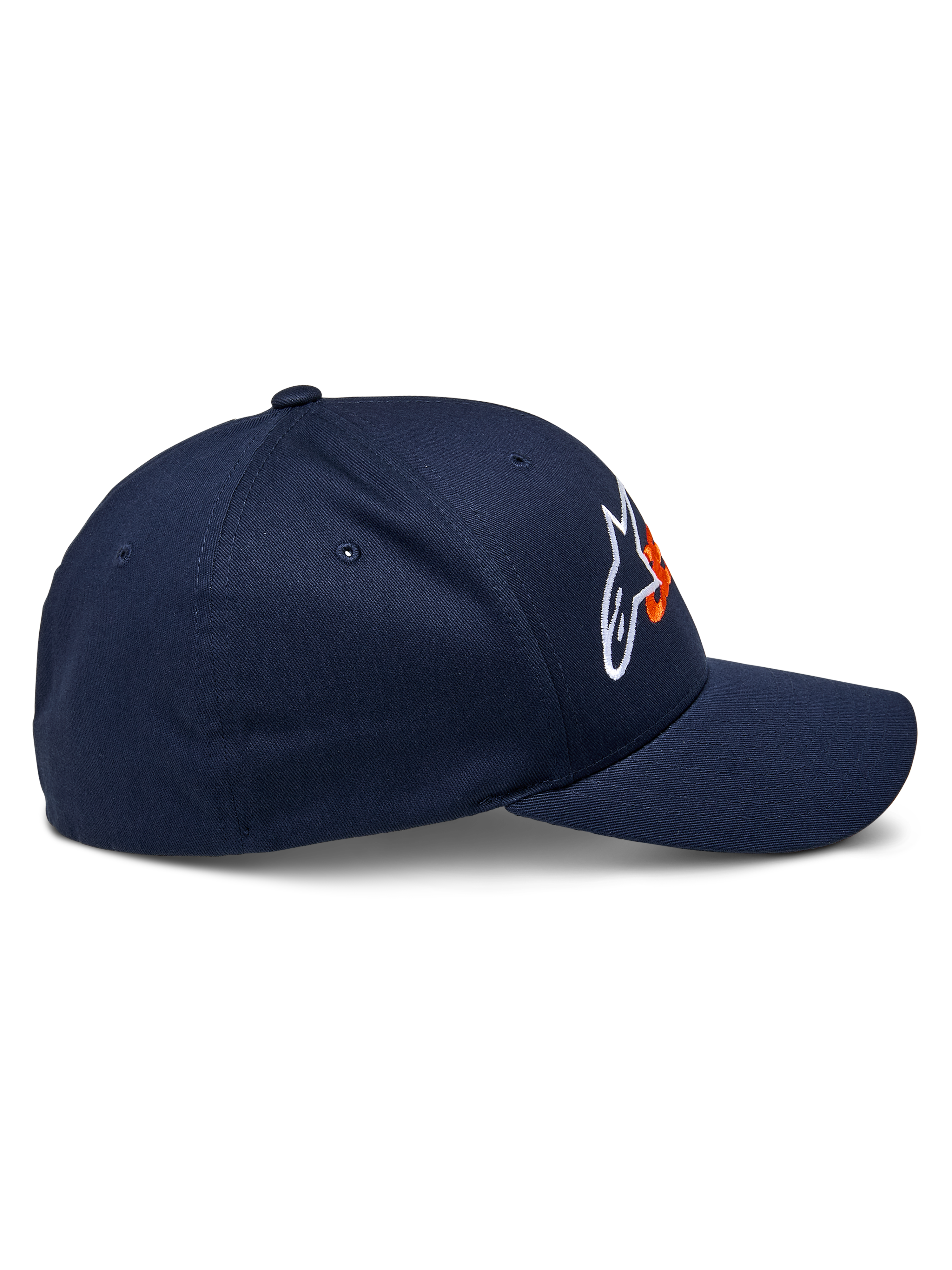 Alpinestars Entitled Hat, Casual Sportswear Hat, Navy Blue and Orange, Side profile view, Curved bill with structured crown, White and Orange Alpinestars logo, Stretch twill fabric