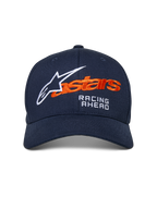 Alpinestars Entitled Hat, Navy Blue baseball cap with orange and white embroidery, featuring 'astars' branding and 'RACING AHEAD' text, curved bill, casual motorsport-inspired headwear