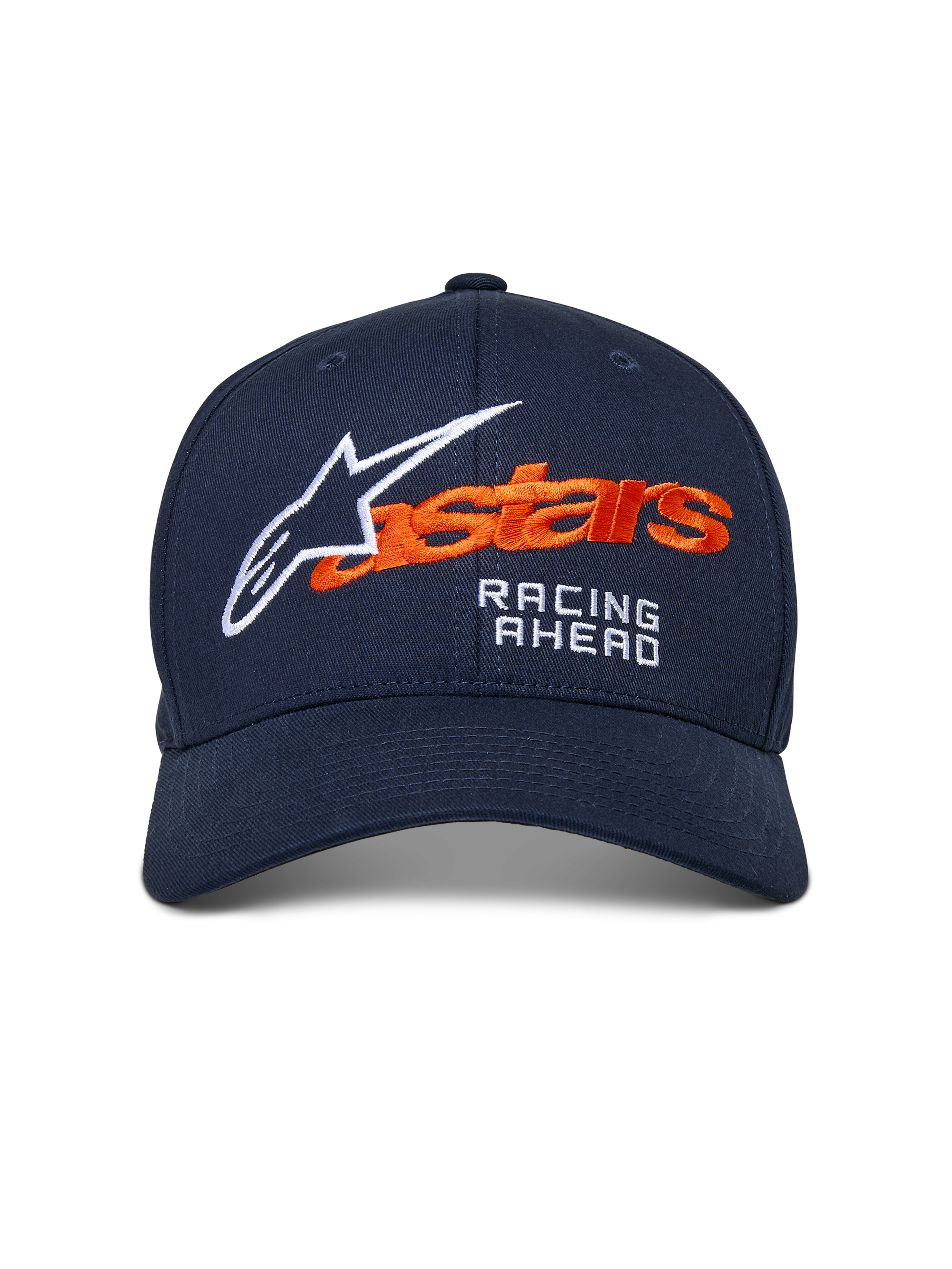 Alpinestars Entitled Hat, Navy Blue baseball cap with orange and white embroidery, featuring 'astars' branding and 'RACING AHEAD' text, curved bill, casual motorsport-inspired headwear