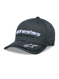 Alpinestars Indent Hat, Dark Gray Baseball Cap, White Embroidered Logo, Racing Ahead Text, Curved Brim with Star Logo, Six-Panel Structured Design