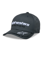 Alpinestars Indent Hat, Dark Gray Baseball Cap, White Embroidered Logo, Racing Ahead Text, Curved Brim with Star Logo, Six-Panel Structured Design