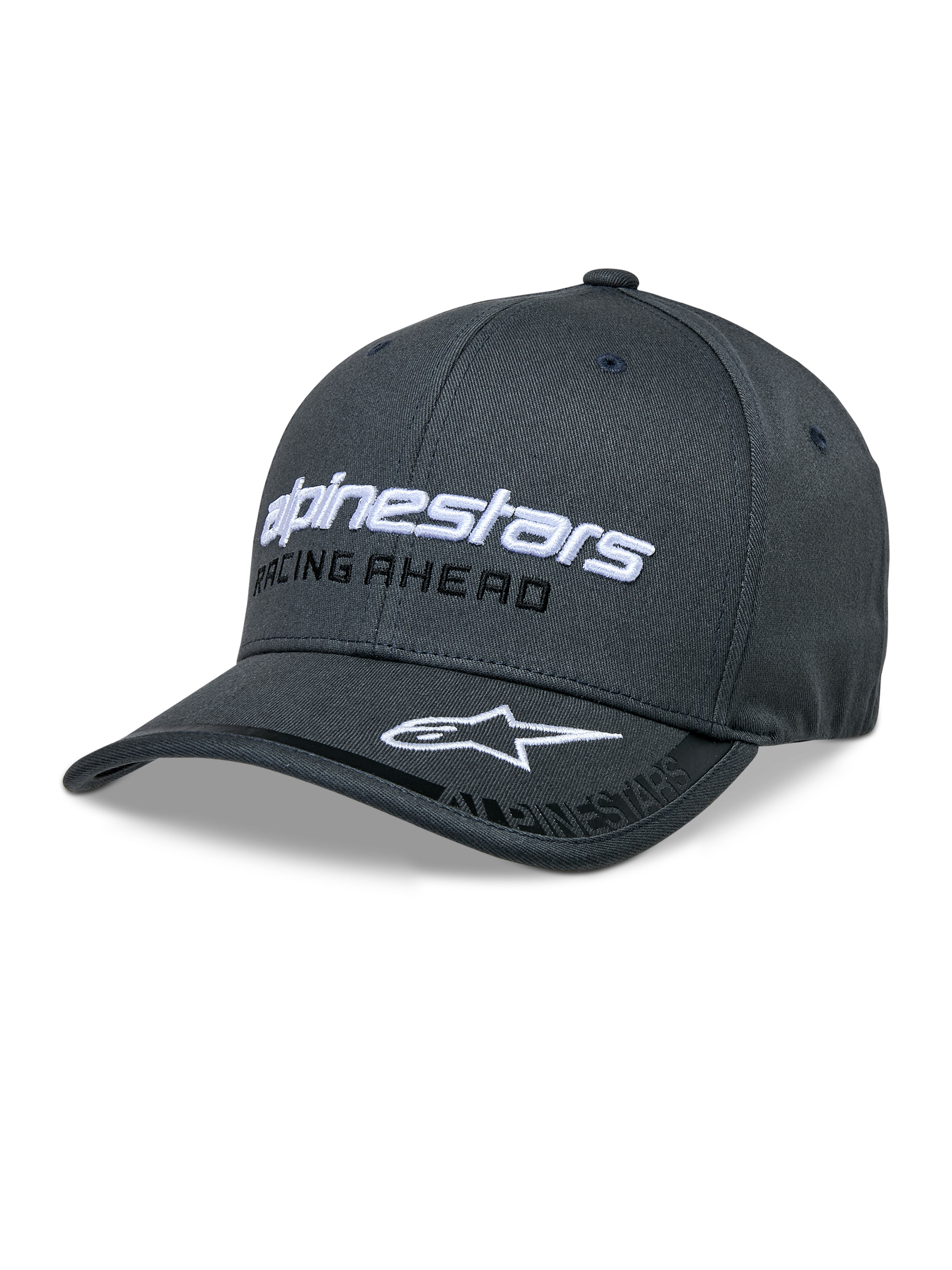 Alpinestars Indent Hat, Dark Gray Baseball Cap, White Embroidered Logo, Racing Ahead Text, Curved Brim with Star Logo, Six-Panel Structured Design