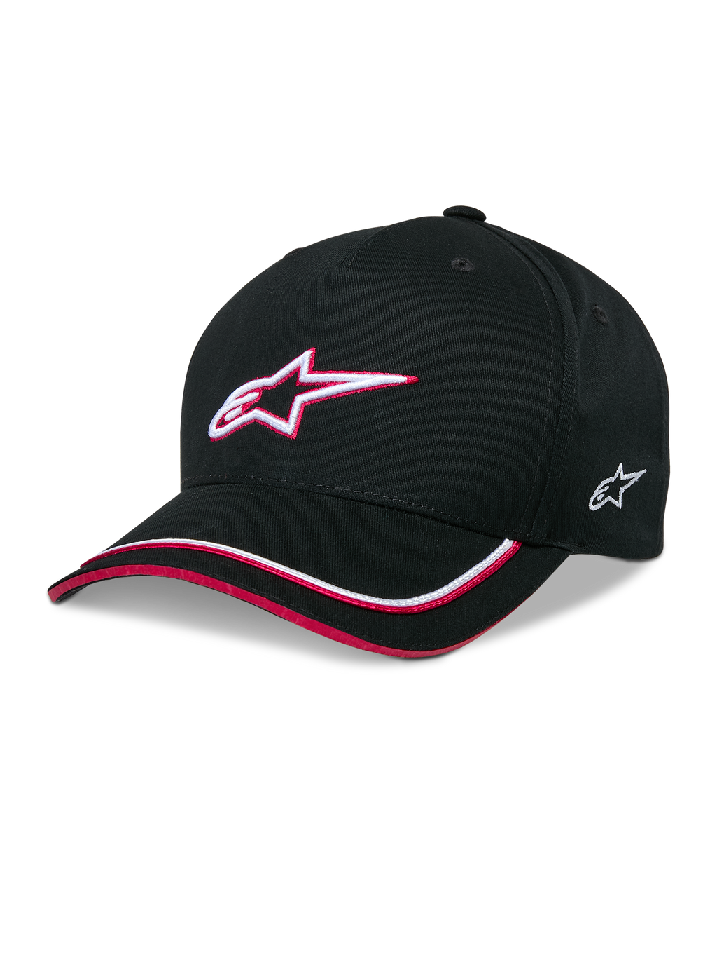 Alpinestars Ascension Snapback Hat, Black Baseball Cap with White and Red 3D Embroidered Star Logo, Curved Brim with Red and White Piping, Structured Crown, Casual Motorsport Headwear