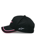 Alpinestars Ascension Snapback Hat, Black and Red, side profile view, curved bill with red and white piping, white embroidered Astars logo, structured crown, casual motorsport headwear