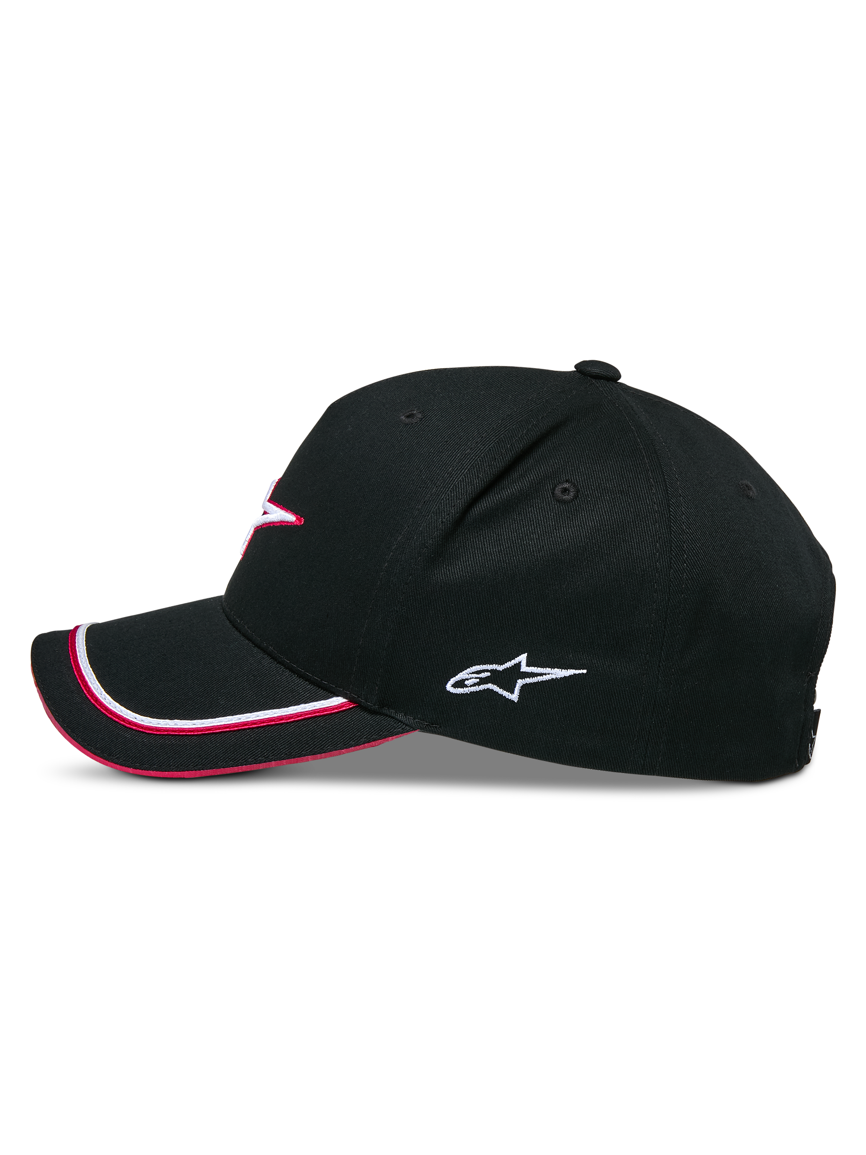Alpinestars Ascension Snapback Hat, Black and Red, side profile view, curved bill with red and white piping, white embroidered Astars logo, structured crown, casual motorsport headwear