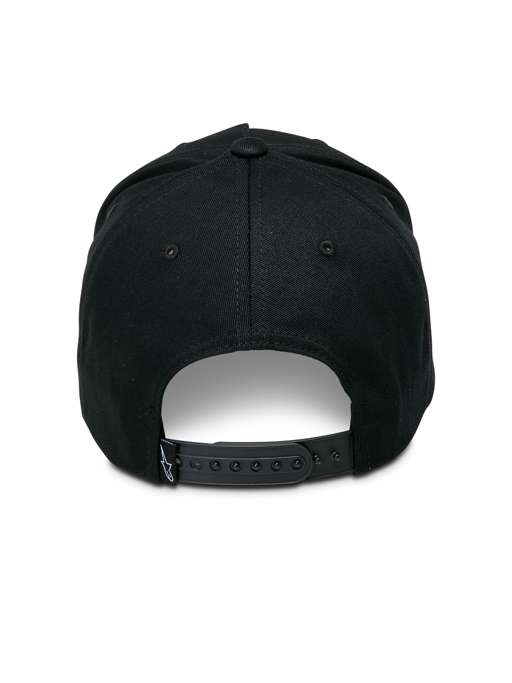 Alpinestars Ascension Snapback Hat, back view, black cotton twill, adjustable plastic snapback closure with small white Astars logo tag, casual streetwear design