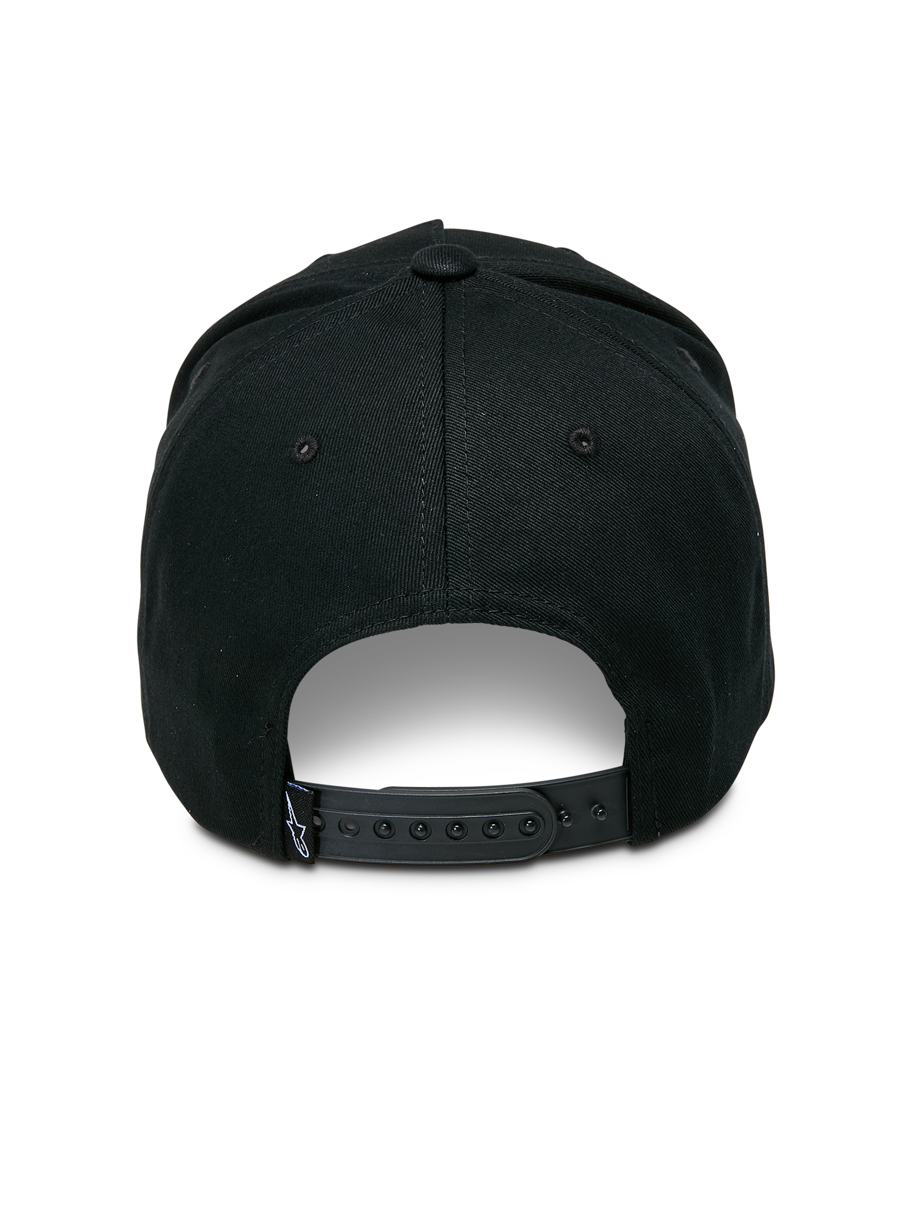 Alpinestars Ascension Snapback Hat, back view, black cotton twill, adjustable plastic snapback closure with small white Astars logo tag, casual streetwear design