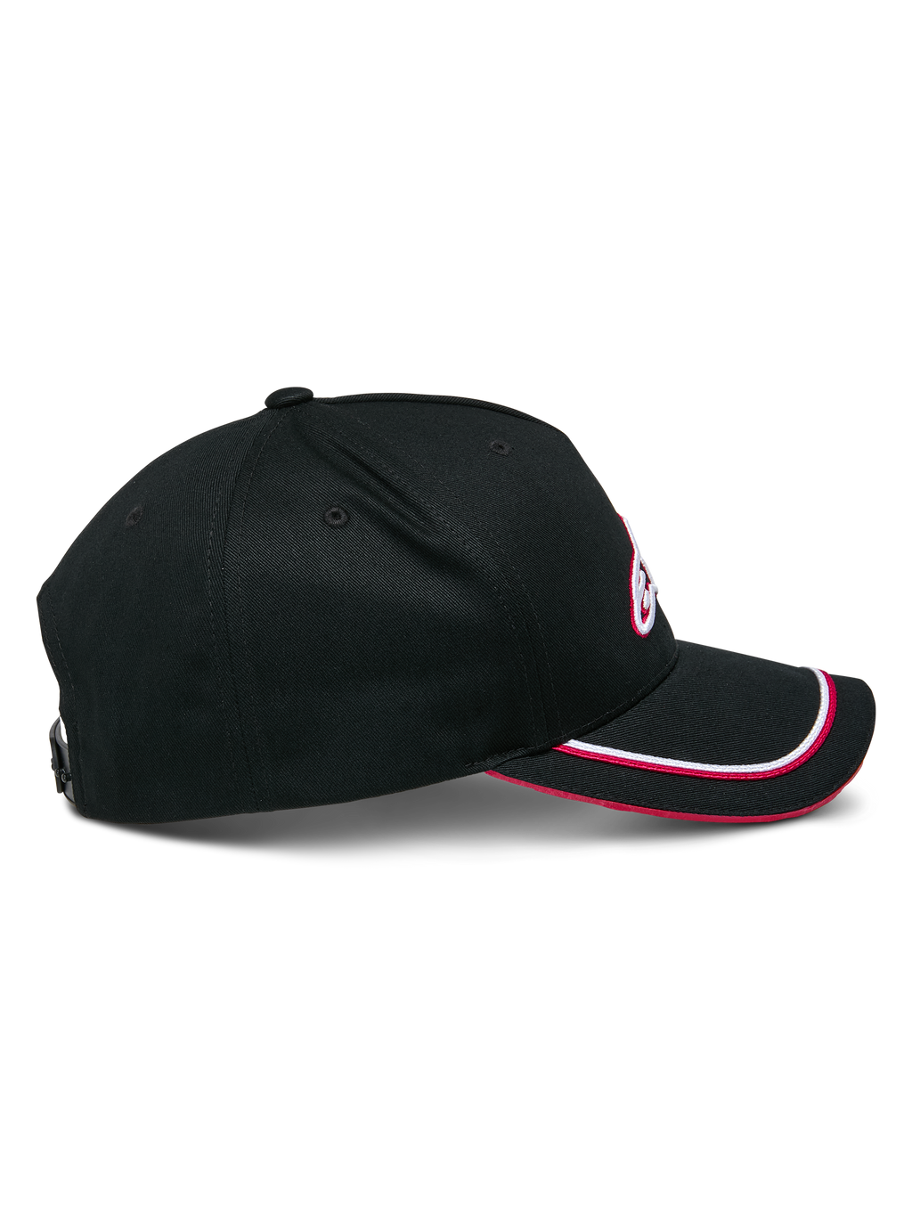 Alpinestars Ascension Snapback Hat, Black and Red, profile view featuring a structured crown and curved bill with double sutache trim, 3D embroidered logo detail, casual motorsport-inspired headwear