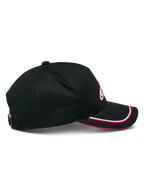 Alpinestars Ascension Snapback Hat, Black and Red, profile view featuring a structured crown and curved bill with double sutache trim, 3D embroidered logo detail, casual motorsport-inspired headwear